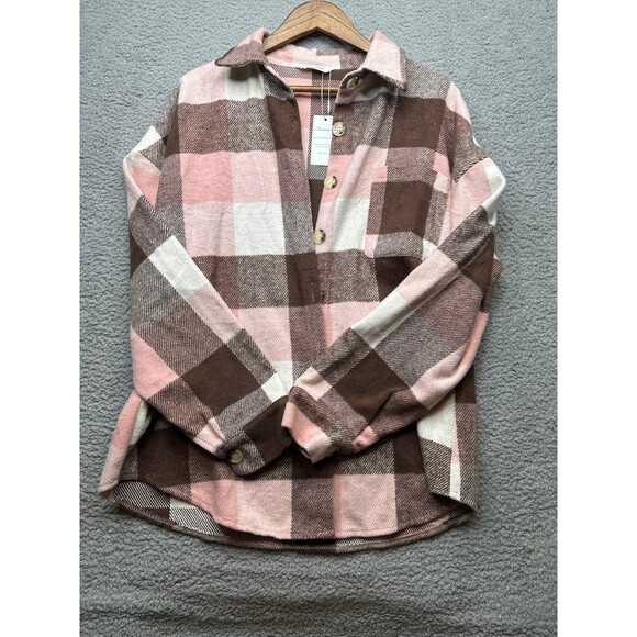 Flannel shacket viral tik tok pink brown plaid sz large Nwt - Picture 4 of 6